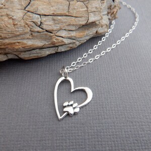 Sterling Silver Dog Paw Print Heart Necklace: Pet Lover Jewelry 3/4"