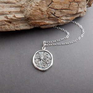Sterling Silver North Star Wax Seal Necklace, Celestial Charm 5/8"