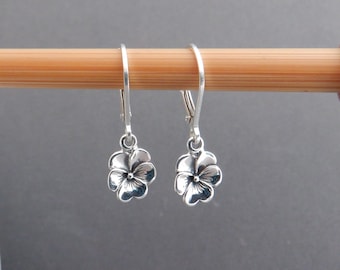 tiny sterling silver pansy flower earrings. petite floral dangle. rustic jewelry. boho bohemian nature charm. leverback hook. gardener gift