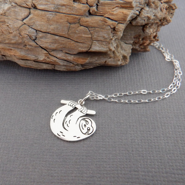 sterling silver hanging sloth necklace small engraved rustic 3 three toed spirit animal realistic pendant fun tropical rainforest 5/8"