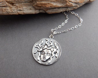 sterling silver Medusa head necklace. small protection charm. rustic boho bohemian jewelry. Greek legend mythology woman monster. 3/4"