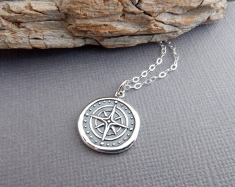 sterling silver wax seal compass necklace. small compass rose charm. simple boho pendant. bohemian travel traveler graduation gift 5/8"