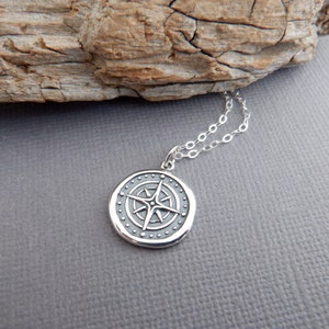 sterling silver wax seal compass necklace. small compass rose charm. simple boho pendant. bohemian travel traveler graduation gift 5/8"