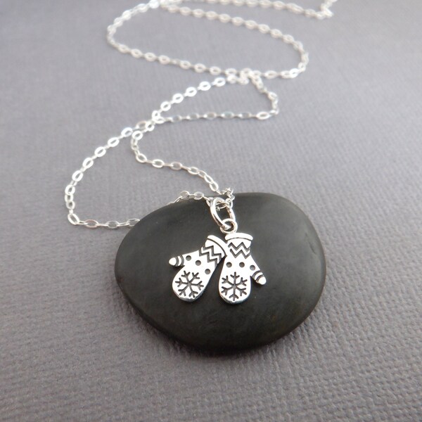 sterling silver snow mittens necklace cold winter gloves holiday charm delicate petite festive christmas jewelry tiny dainty pendant 5/8"