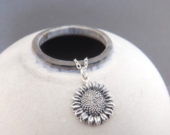 sterling silver sunflower necklace small sun flower pendant petite dainty delicate floral charm botanical nature everyday jewelry gift 5/8"