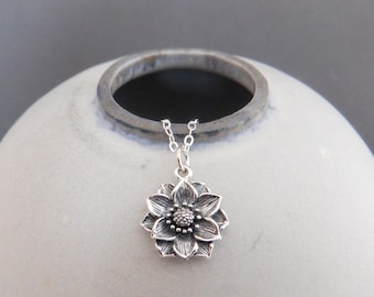 sterling silver realistic lotus flower necklace small floral charm tiny yoga yogi jewelry simple petite delicate dainty pendant zen 1/2"