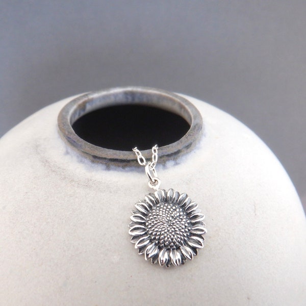 sterling silver sunflower necklace small sun flower pendant petite dainty delicate floral charm botanical nature everyday jewelry gift 5/8"