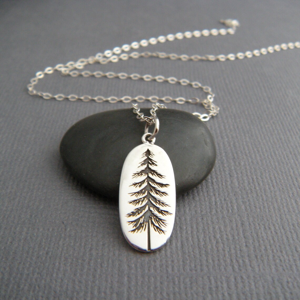 Sterling Silver Pine Tree Necklace Small Etched Pendant Etsy