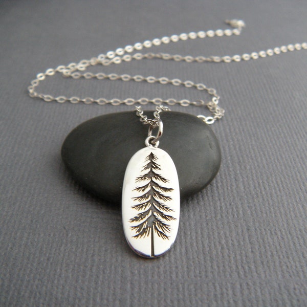 sterling silver pine tree necklace small etched pendant oxidized small earth charm nature forest simple natural evergreen jewelry gift 3/4"