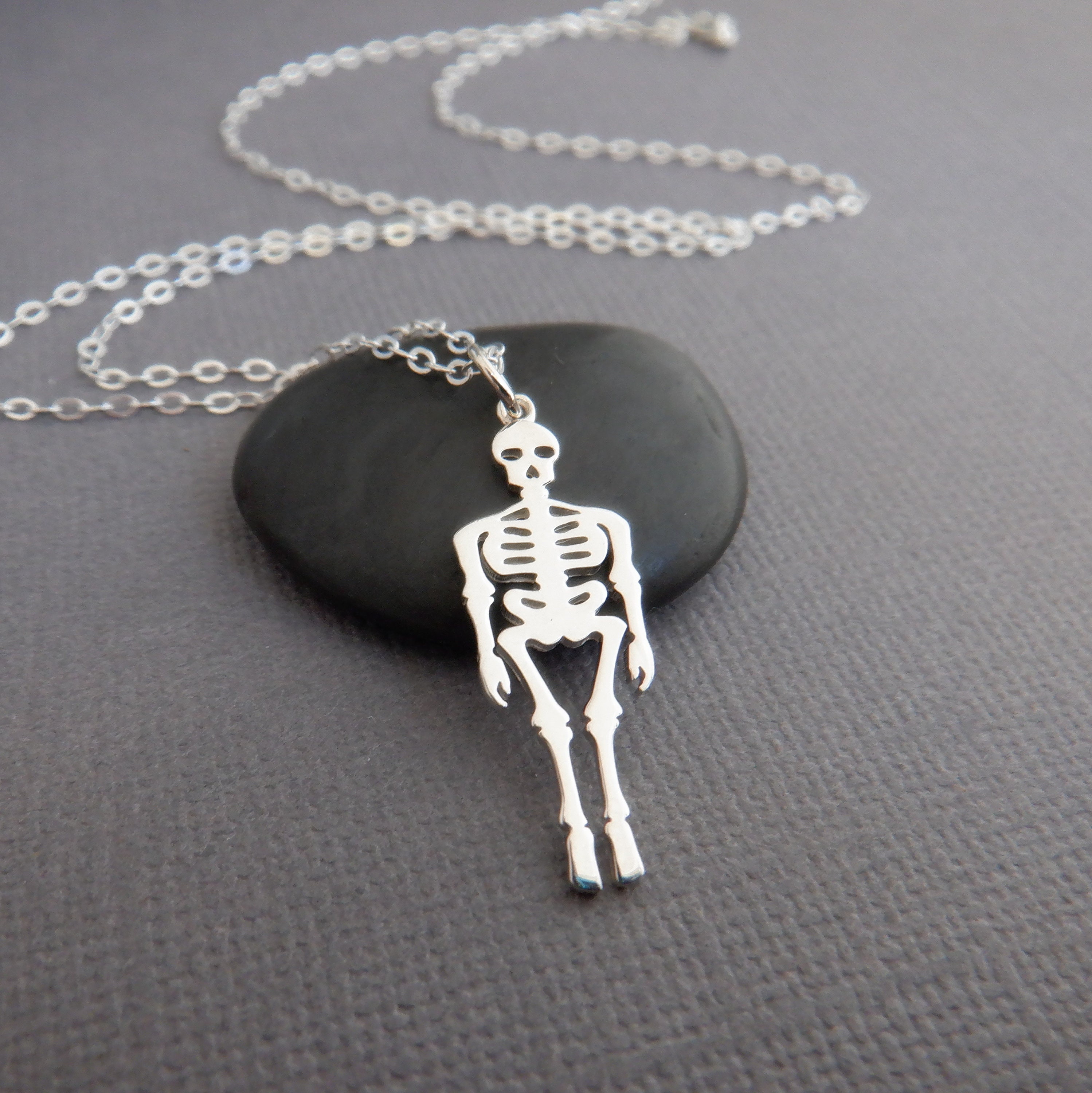 Tiny Sterling Silver Skeleton Necklace, Delicate Halloween Bone