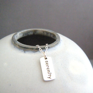 sterling silver serenity word necklace tiny inspirational jewelry inspiring quote affirmation charm small calm zen pendant petite dainty 1/2