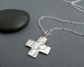 small silver square cross necklace. sterling silver. hammered cross pendant. faith christian jewelry red cross symbol simple charm gift 5/8"