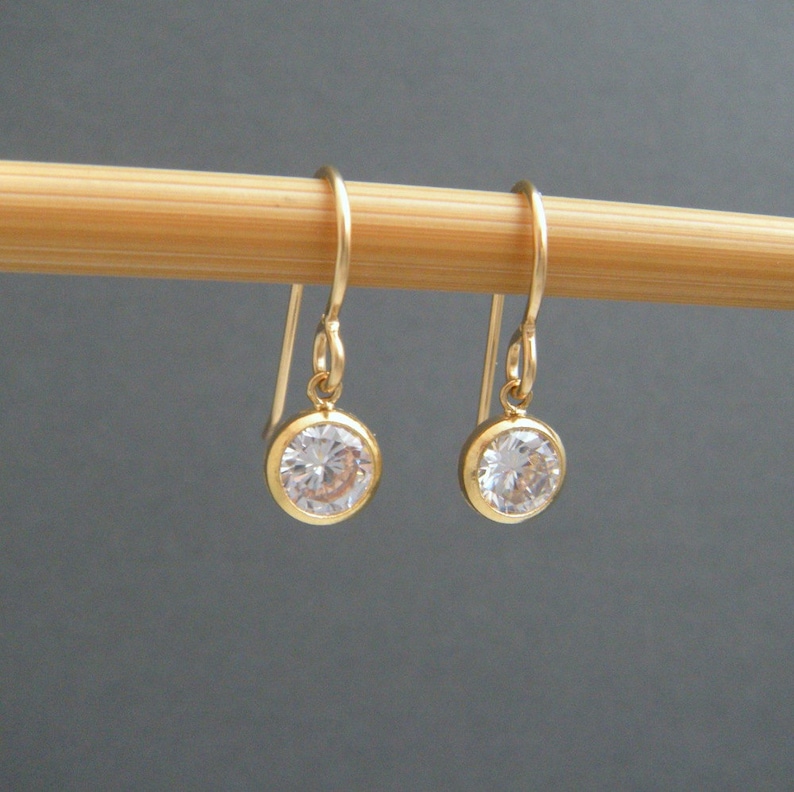small gold CZ earrings tiny cubic zirconia diamond faux alternative 14k yellow gold filled clear crystals everyday hooks leverback 6 mm