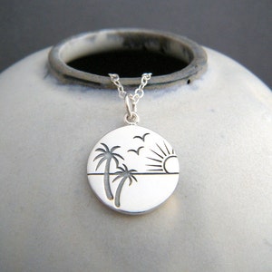 small palm tree sunset necklace. simple beach jewelry. etched sterling silver summer charm. sun set ocean marine pendant. gift for women