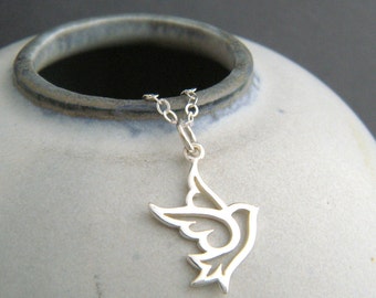 tiny sterling silver dove necklace small bird peace symbol whimsical animal pendant spiritual spirit simple love memorial jewelry charm 1/2"