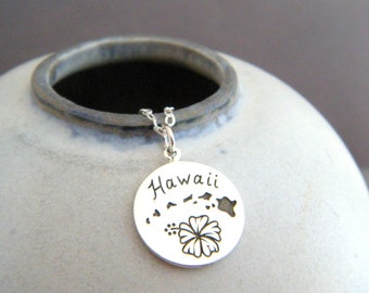 sterling silver hawaii state necklace small hibiscus flower charm simple dainty delicate jewelry tropical pendant hawaiian island travel 1/2