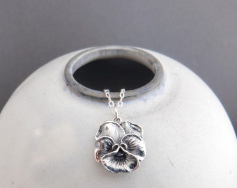 sterling silver pansy flower necklace small floral pendant bloom blossom petite dainty delicate charm botanical nature jewelry gift 5/8"