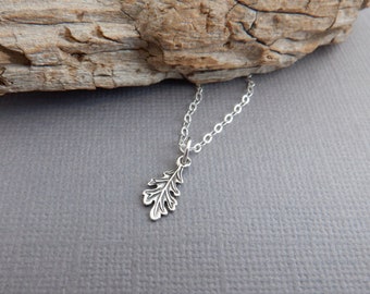 mini sterling silver oak leaf necklace. tiny nature charm. petite realistic tree charm. autumn pendant.  strength symbol. forest hiker 3/8"