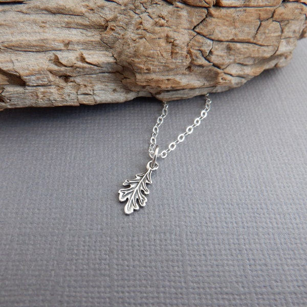 mini sterling silver oak leaf necklace. tiny nature charm. petite realistic tree charm. autumn pendant.  strength symbol. forest hiker 3/8"