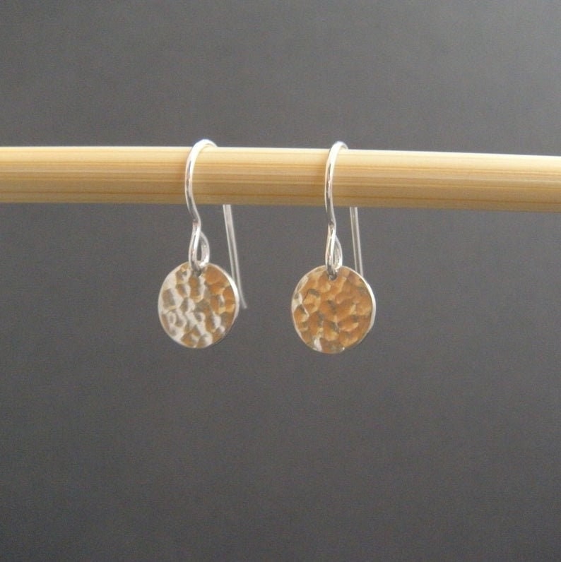 tiny sterling silver dangles hammered circle earrings petite disc everyday sterling jewelry leverback lever back drop latchback latch. 3/8 hooks