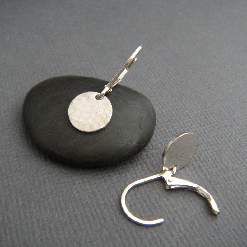 tiny sterling silver dangles hammered circle earrings petite disc everyday sterling jewelry leverback lever back drop latchback latch. 3/8 image 7