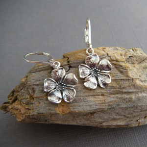 sterling silver cherry blossom earring small flower dangle leverback rustic jewelry oxidized black boho bohemian gardener gift for her 1/2 image 2