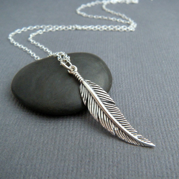 sterling silver feather necklace. small boho pendant simple delicate dainty charm bohemian rustic everyday jewelry layered. layering. 1 1/4"