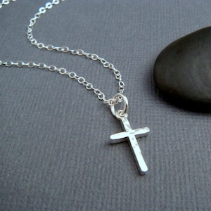 hammered silver cross necklace. SMALL. sterling silver cross pendant simple faith charm minimalist necklace christian jewelry gift 5/8&quot;