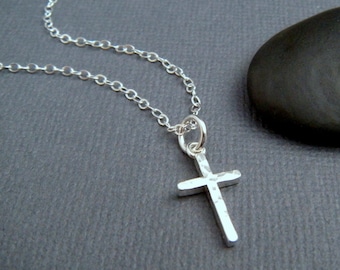 hammered silver cross necklace. SMALL. sterling silver cross pendant simple faith charm minimalist necklace christian jewelry gift 5/8"