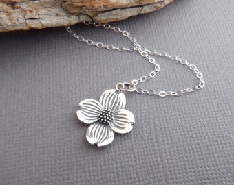 sterling silver dogwood flower necklace small floral pendant bloom blossom petite dainty delicate charm botanical nature jewelry gift 5/8"