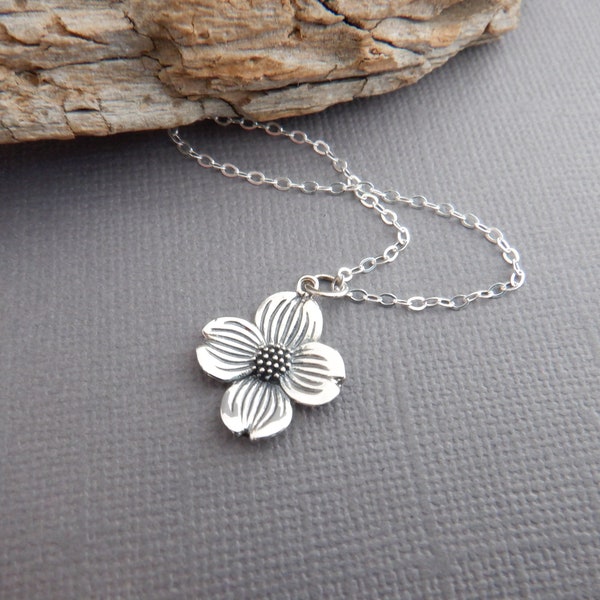 sterling silver dogwood flower necklace small floral pendant bloom blossom petite dainty delicate charm botanical nature jewelry gift 5/8"