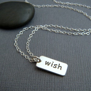 silver wish necklace. tiny sterling inspirational jewelry inspiring quote motto affirmation small simple pendant. word charm gift for her