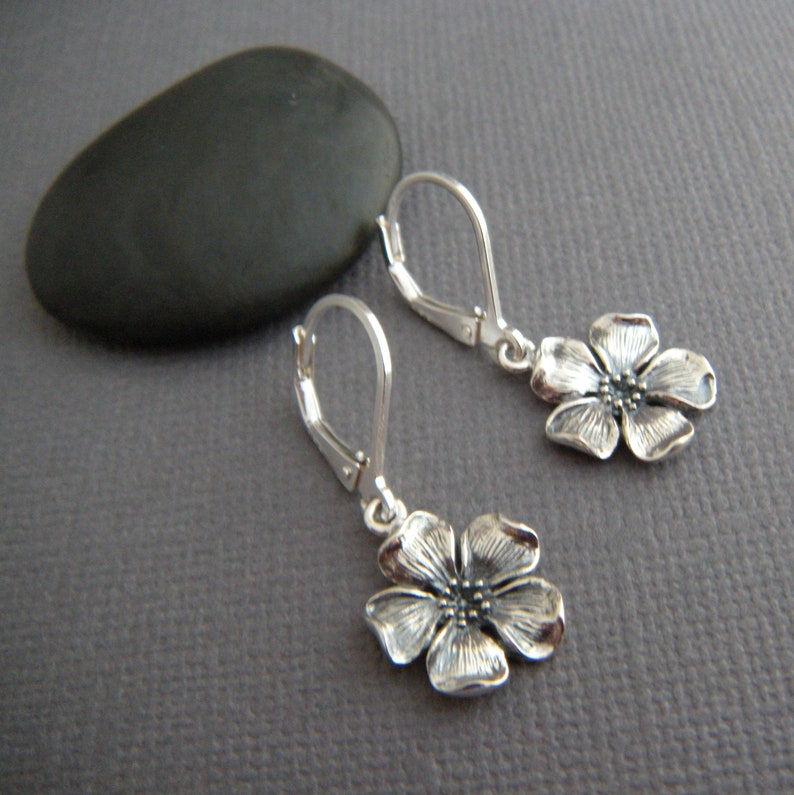 sterling silver cherry blossom earring small flower dangle leverback rustic jewelry oxidized black boho bohemian gardener gift for her 1/2 image 3