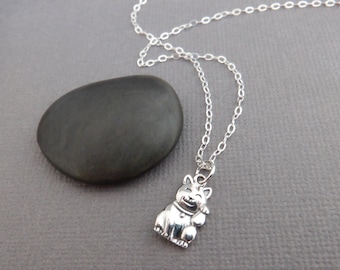 tiny sterling waving lucky cat necklace small maneki neko good luck fortune charm animal pet gift love petite delicate prosperity 1/2"