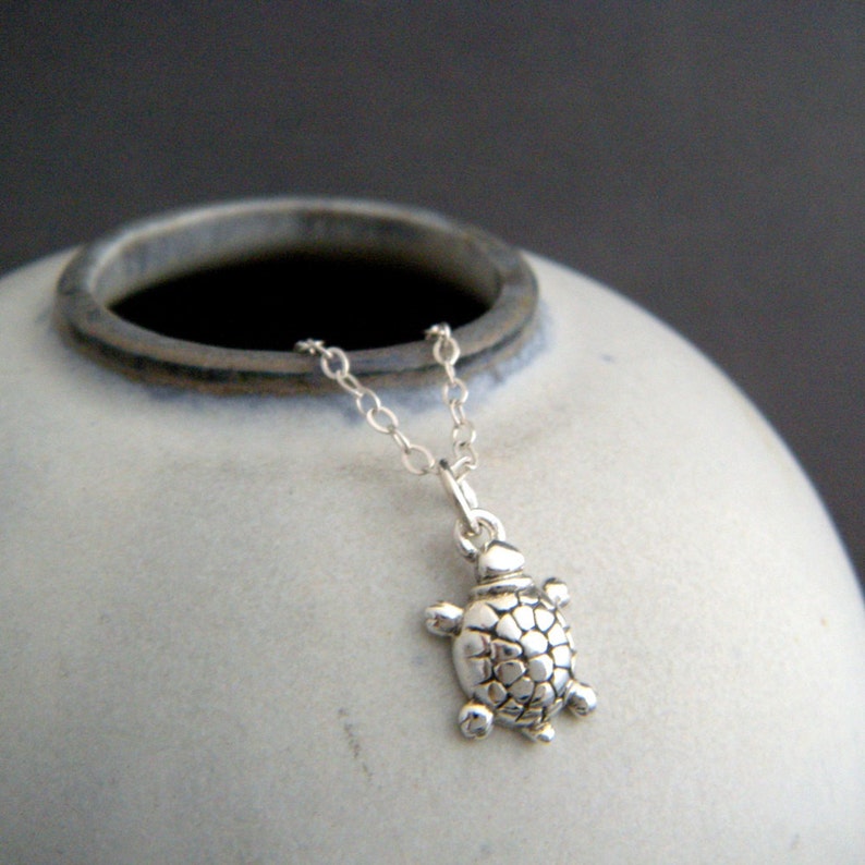 tiny silver turtle necklace. sterling silver animal pendant. spirit totem. small simple delicate everyday jewelry. good luck charm gift image 1