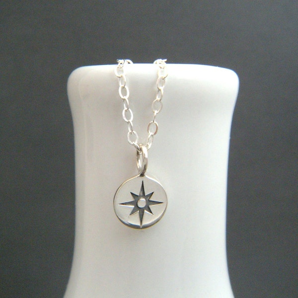 tiny sterling silver compass necklace simple everyday jewelry compass rose points pendant modern wanderlust travel traveler graduation gift