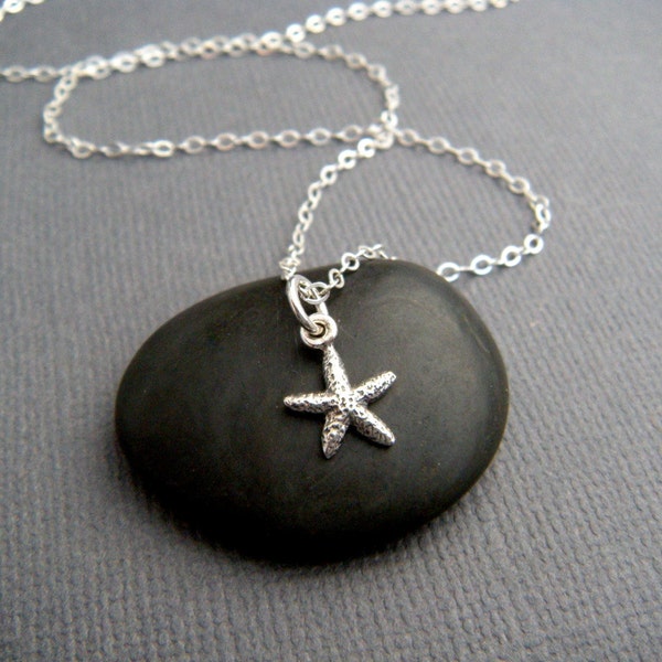 super tiny starfish necklace. sterling silver star fish ocean pendant seastar sea star beach jewelry realistic small nature charm. gift 3/8"