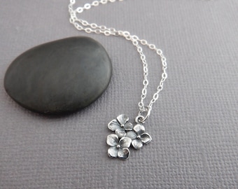 sterling silver hydrangea blossoms necklace. tiny flower cluster pendant. small simple floral charm. delicate everyday dainty jewelry 1/2"