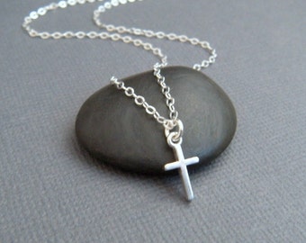 Tiny Sterling Silver Cross Necklace, Dainty Christian Jewelry, Gift for Her 3/8"