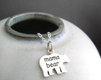 Sterling Silver Mama Bear Necklace: Etched Animal Pendant