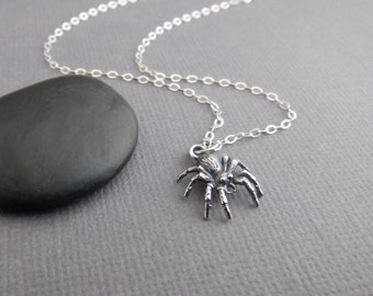 sterling silver spider necklace. tiny arachnid pendant.  realistic small arachnoid. spirit animal. petite Halloween symbol charm 1/2"
