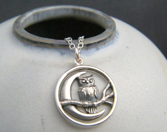 small silver owl on branch necklace. sterling silver crescent moon circle pendant. simple animal wisdom symbol jewelry. bird charm  5/8"