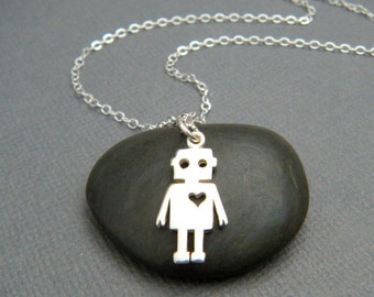tiny silver robot heart necklace. small sterling science fiction droid love pendant. human computer machine charm. geekery jewelry 3/4"