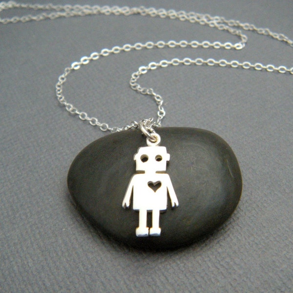 tiny silver robot heart necklace. small sterling science fiction droid love pendant. human computer machine charm. geekery jewelry 3/4"