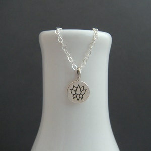 tiny silver lotus flower necklace. sterling silver zen yoga jewelry. simple. delicate charm. everyday. dainty jewelry. gift for her 3/8&quot;