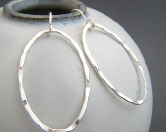 silver oval hoop earrings. large sterling silver textured dangles. simple jewelry everyday earrings. drop hammered wavy wire. gift 1 3/8"