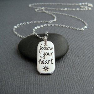 sterling silver follow your heart necklace. small inspirational romantic jewelry inspiring quote affirmation gift love word pendant charm