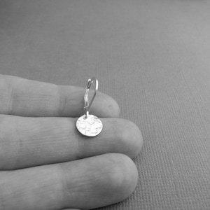 tiny sterling silver dangles hammered circle earrings petite disc everyday sterling jewelry leverback lever back drop latchback latch. 3/8 image 4