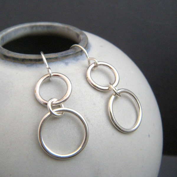 tiered silver circle earrings. sterling silver dangle. geometric drop hoop earrings. modern. chain. simple jewelry gift for her. women