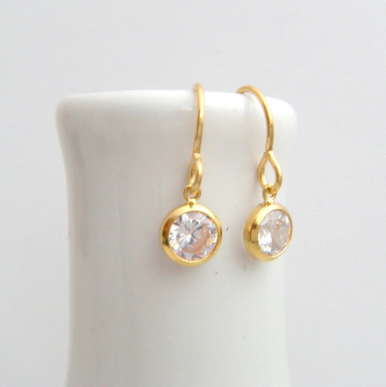 small gold CZ earrings tiny cubic zirconia diamond faux alternative 14k yellow gold filled clear crystals everyday hooks leverback 6 mm